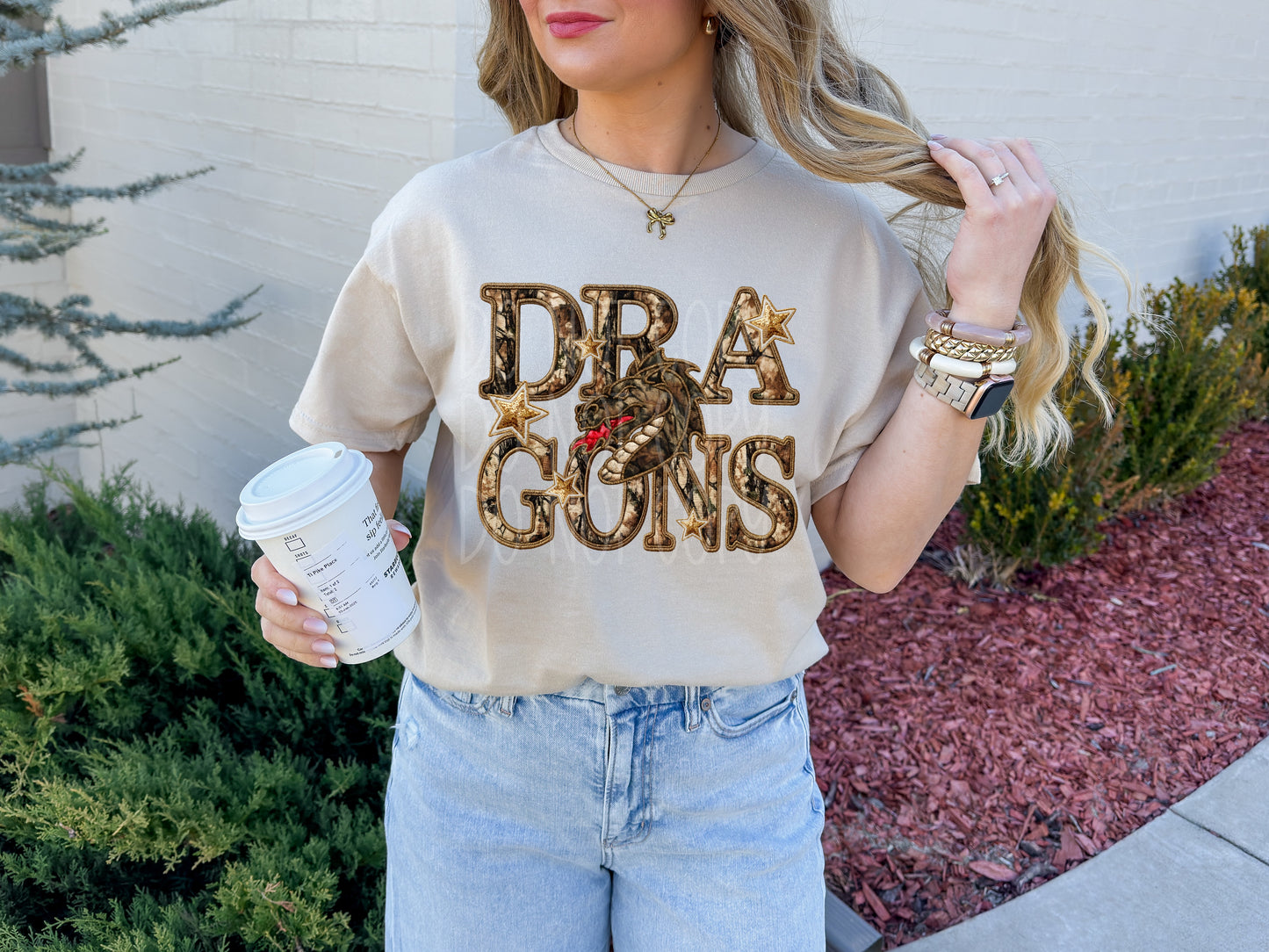 Faux Embroidered Camo Dragons Tee