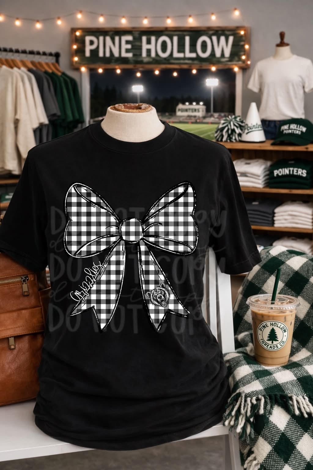 Gingham Gans Grizzlies Bow tee