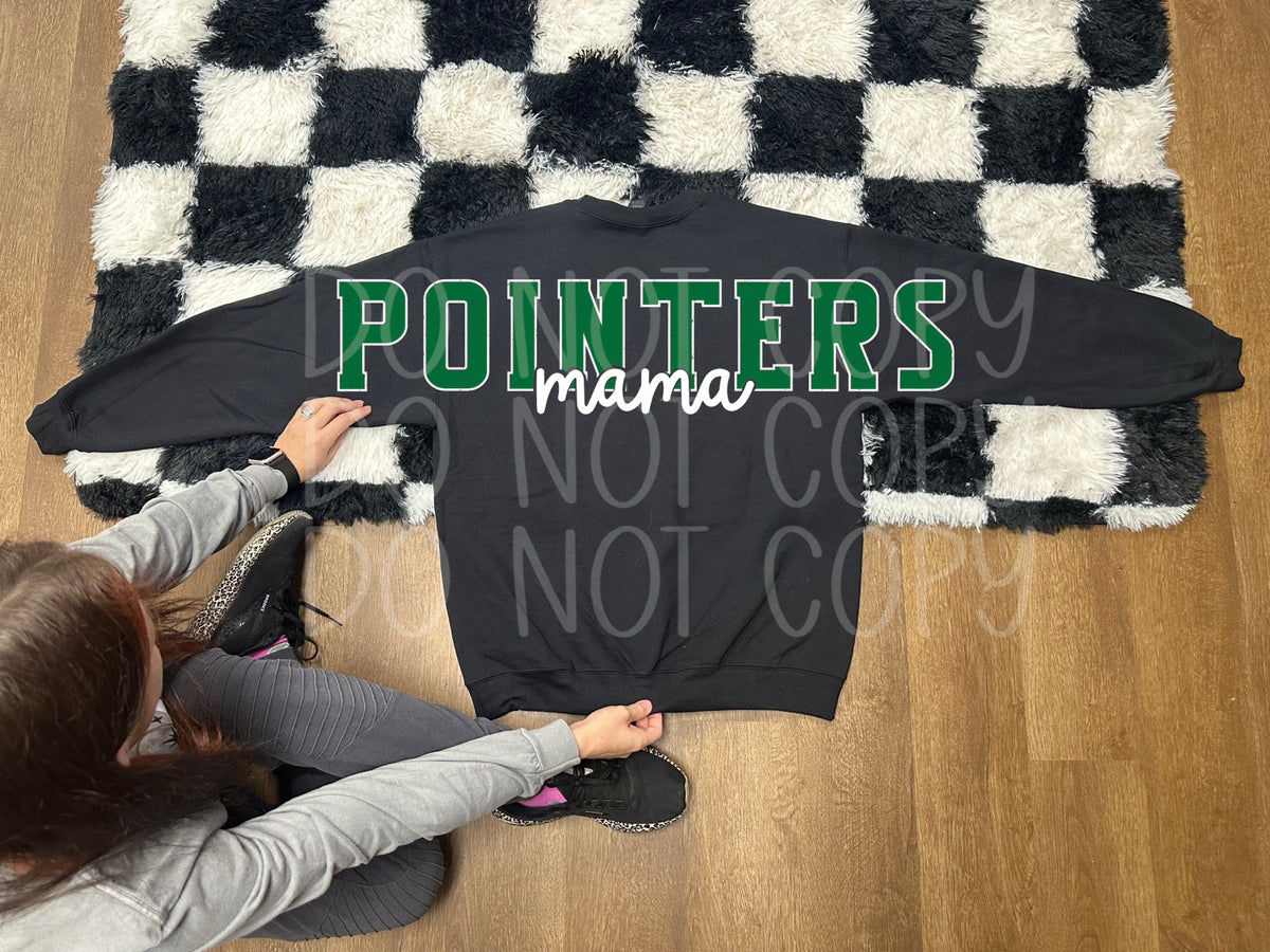 Pointers Mama oversized back print on black crewneck flat lay