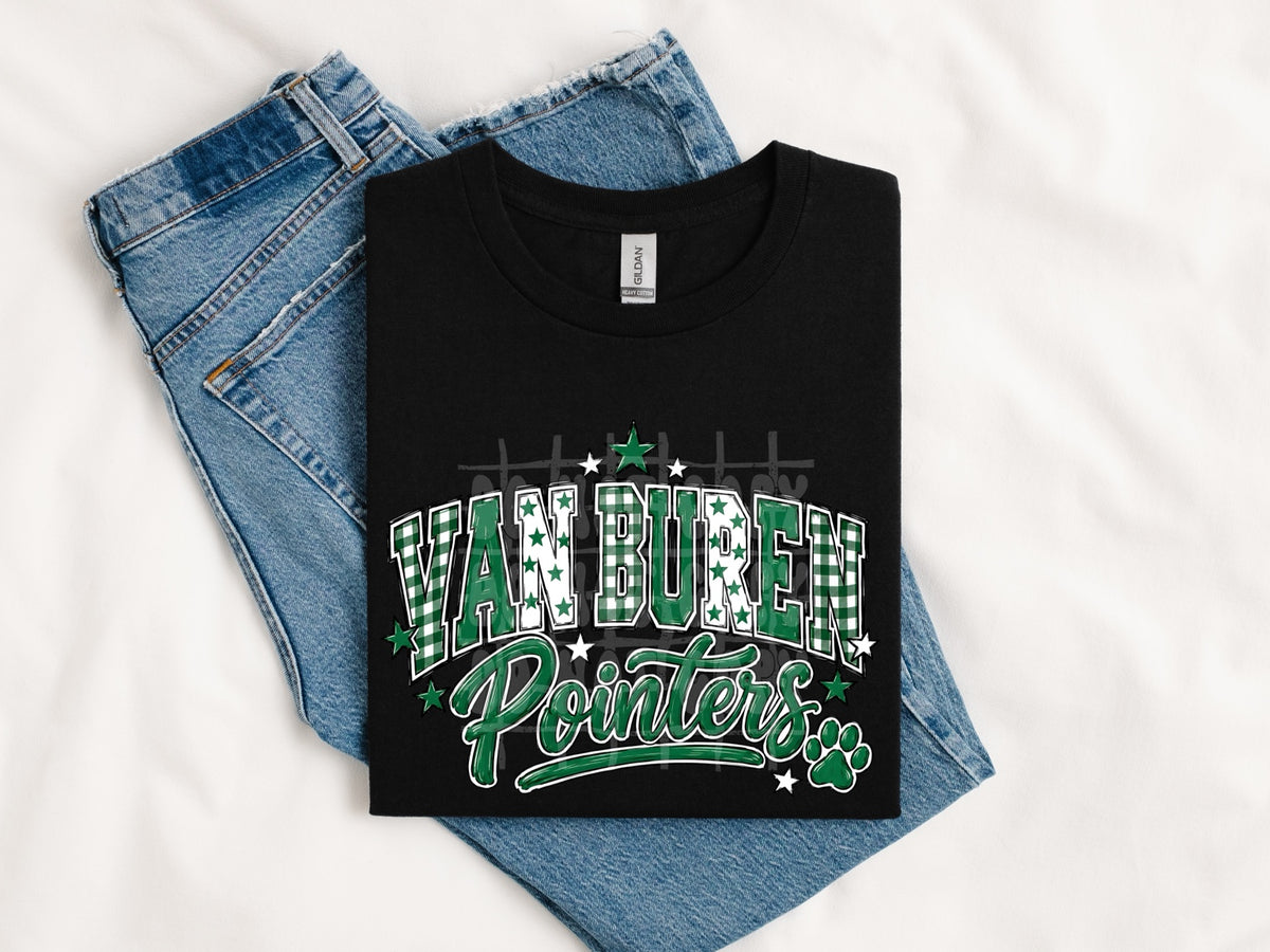 Van Buren Pointers mascot spirit design shown on tee