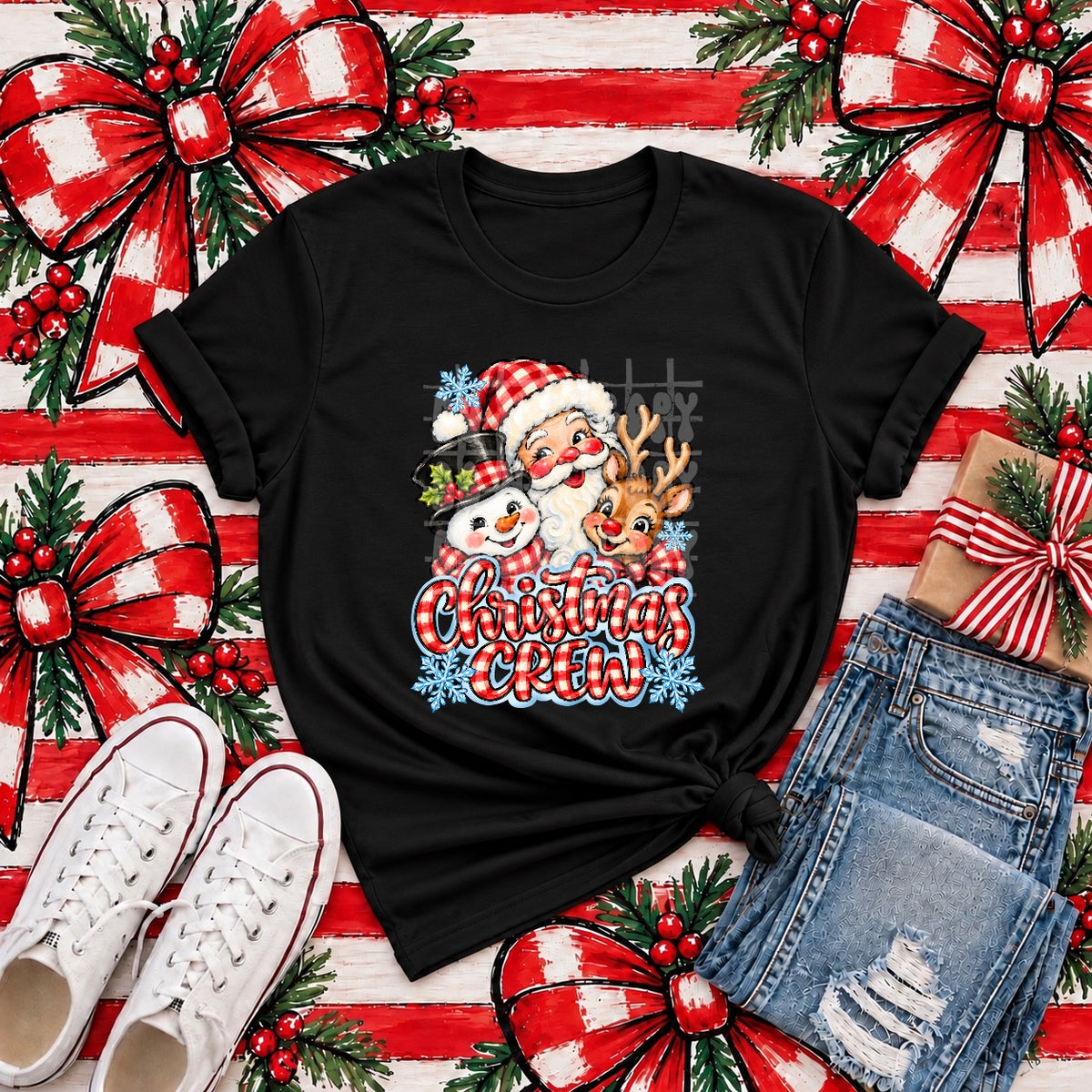 Christmas Crew graphic tee mockup featuring Santa snowman and reindeer on black shirt