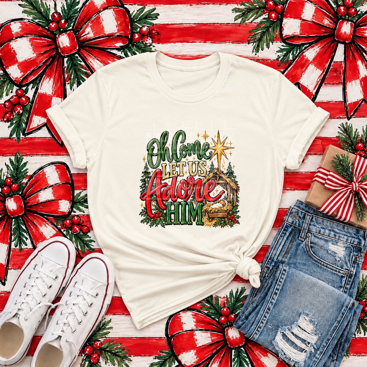 O Come Let Us Adore Him Nativity Tee mockup