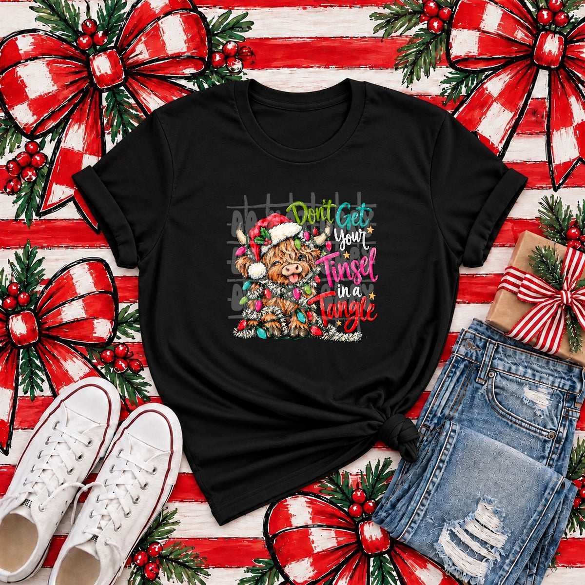Don't Get Your Tinsel in a Tangle Highland Cow Tee product mockup