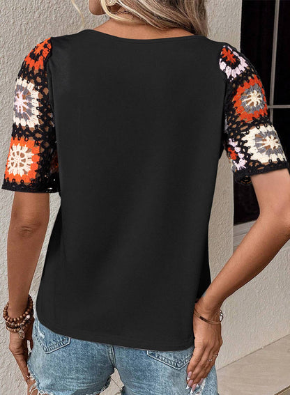 Casual Round Neck Half Sleeve Top Floral Crochet T Shirt