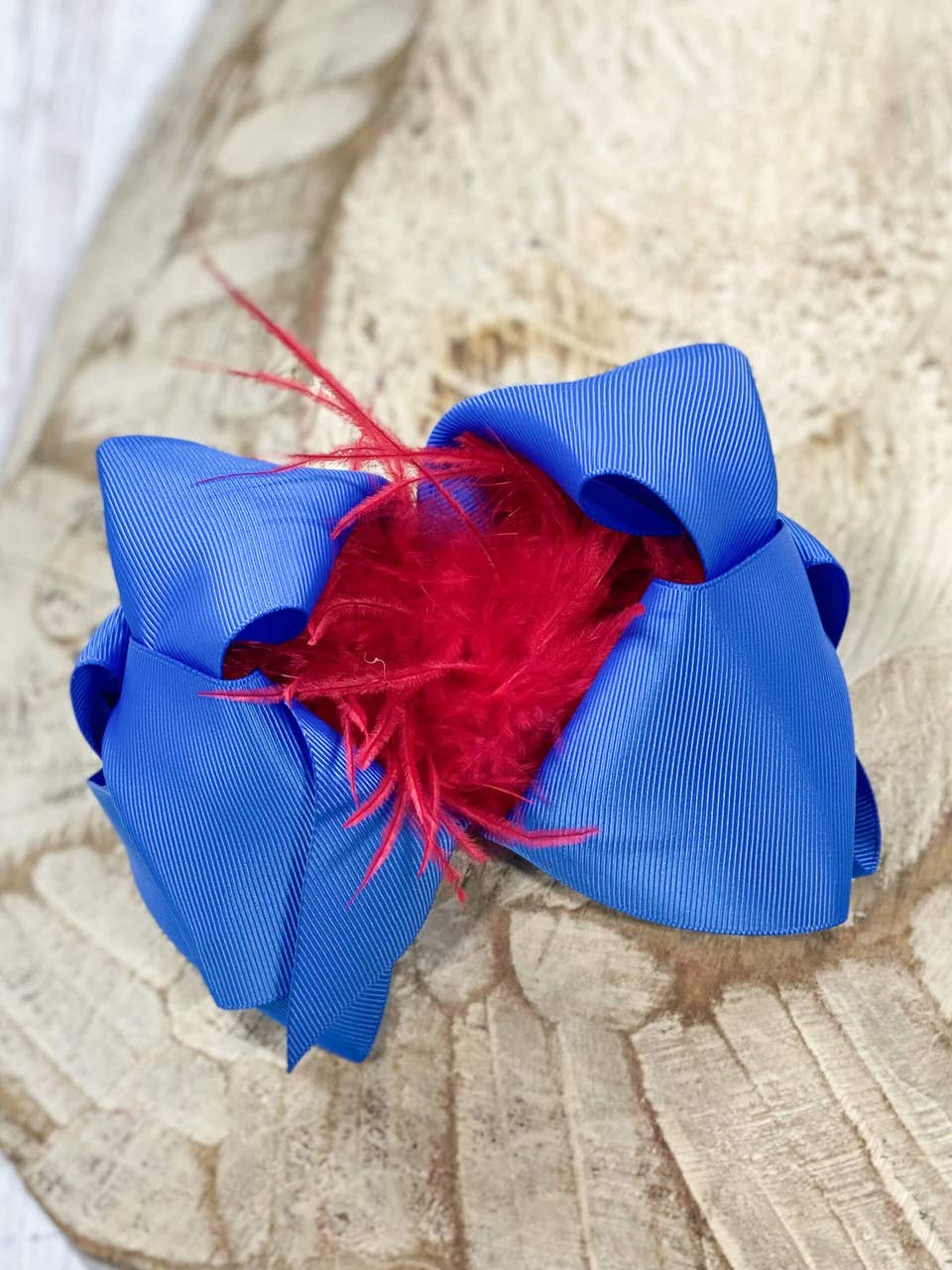 Texas Size Royal Blue & Red Feather Puff Hair Bow