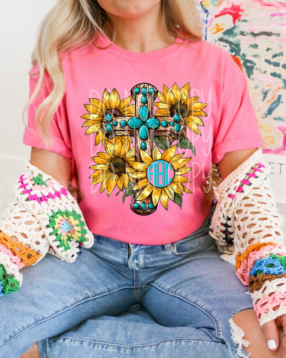 Cross and Sunflowers Monogram Tee