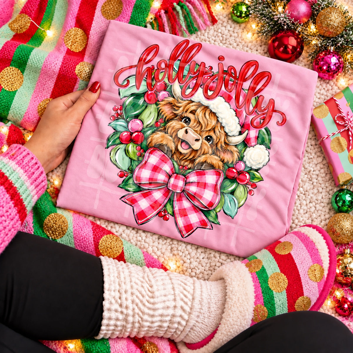 Holly Jolly Highland Cow Christmas apparel mockup
