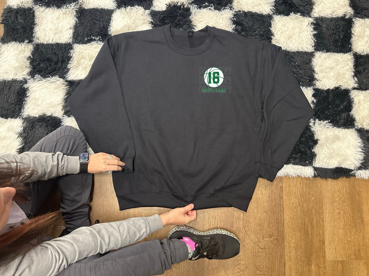Personalized basketball number and Abbey's Mama front pocket graphic on black crewneck