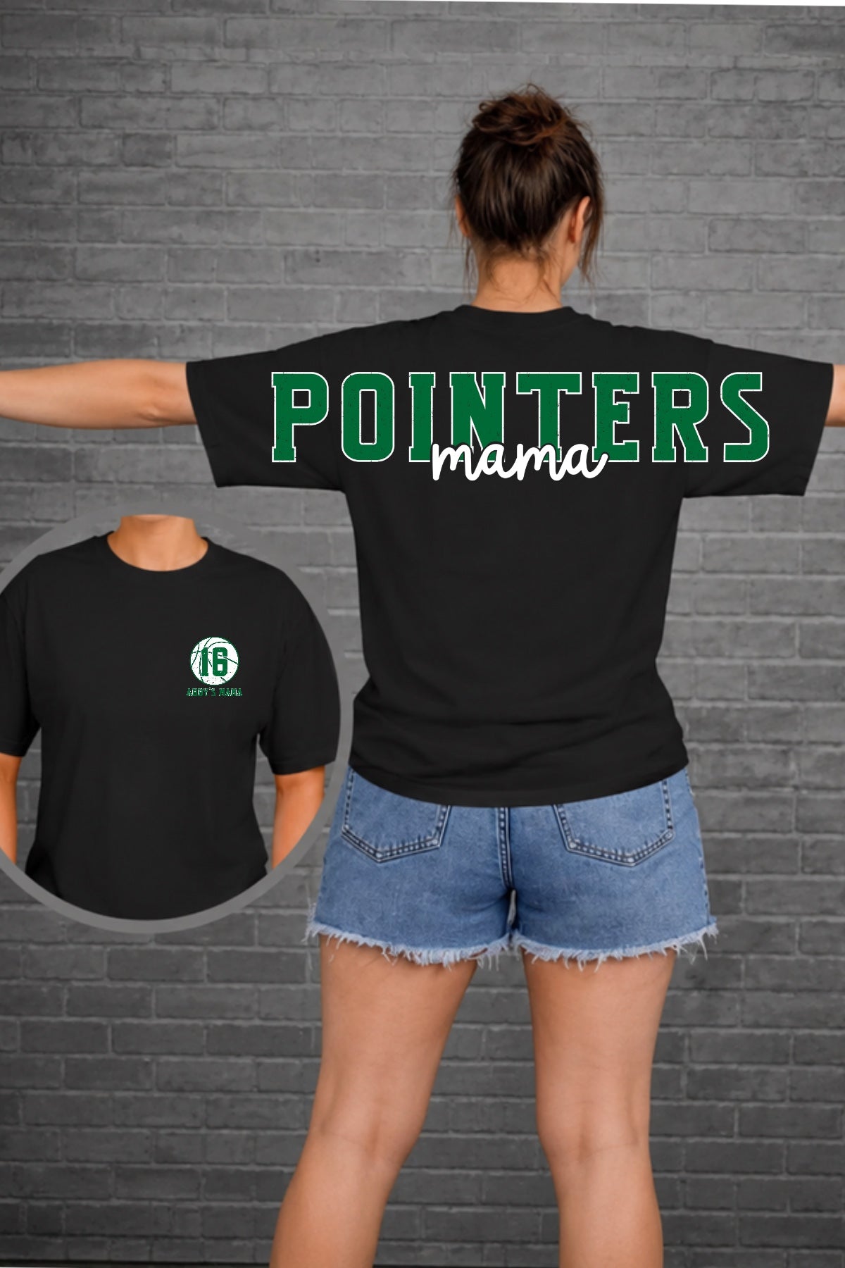 Pointers Mama oversized school spirit tee front and back modeled mockup