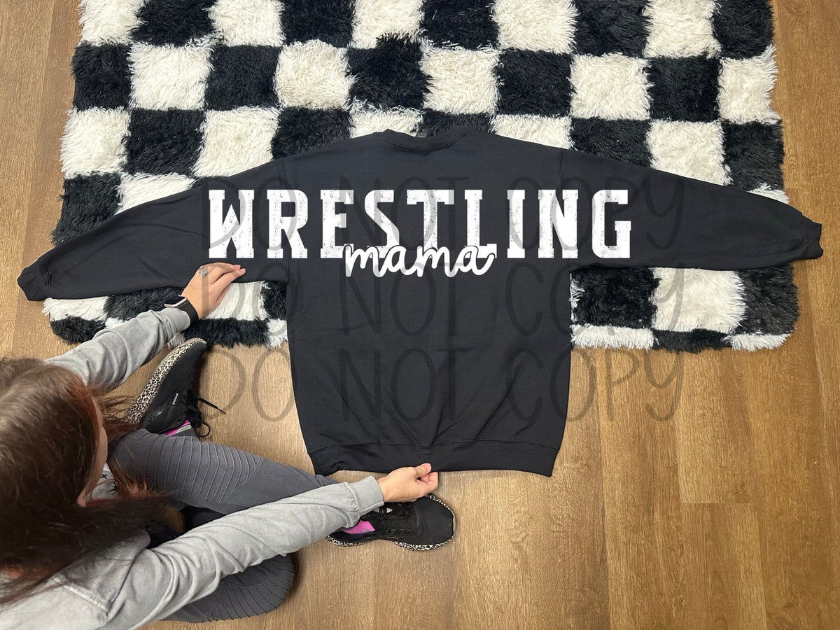 Wrestling Mama oversized back graphic on black sweatshirt