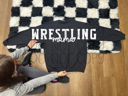 Wrestling Mama oversized back graphic on black sweatshirt