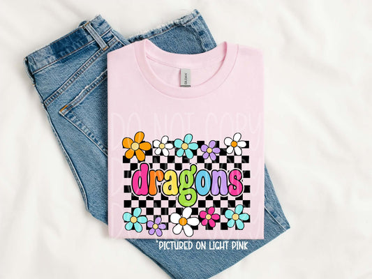 Dragons Retro Flowers Tee