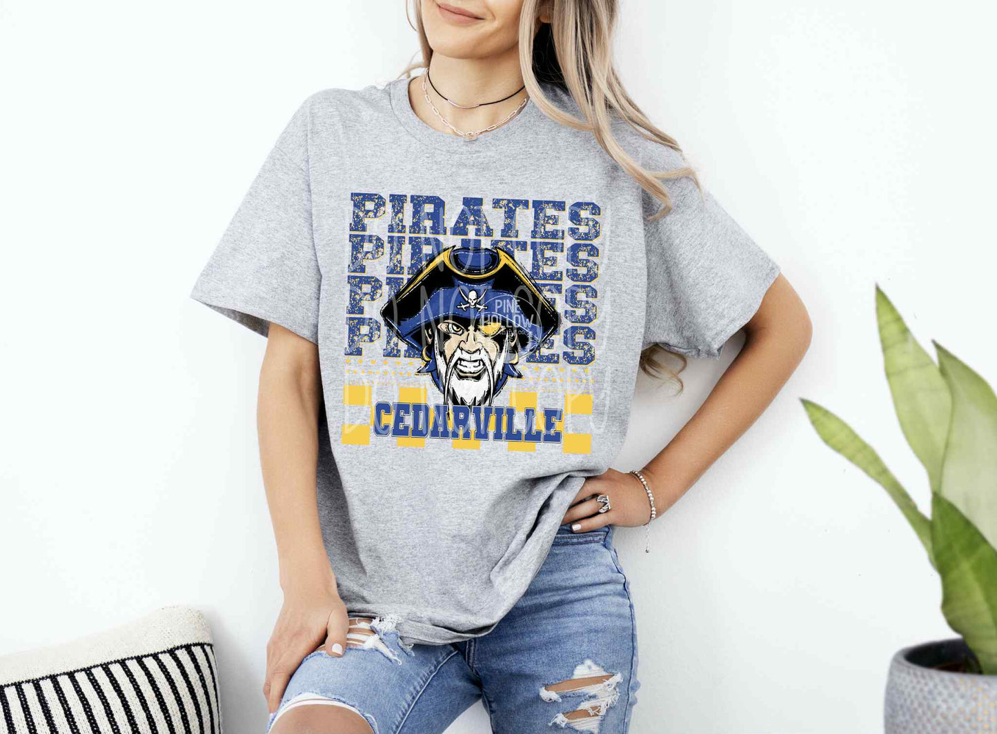 Cedarville Pirates Stacked Checkered Tee