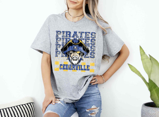 Cedarville Pirates Stacked Checkered Tee