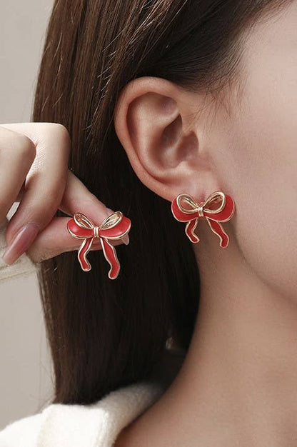 GOLD SILVER COLORFUL ENAMEL BOW EARRINGS