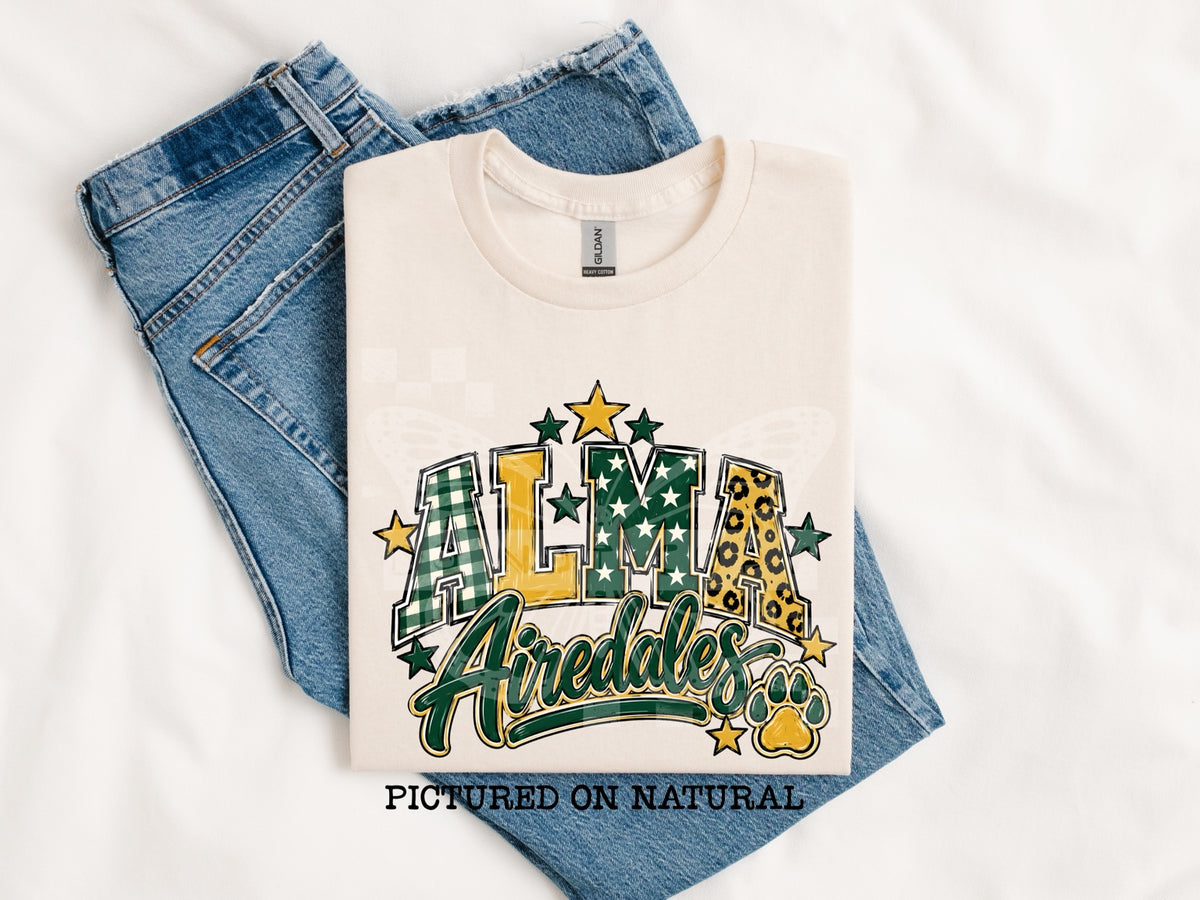 Alma Airedales mascot spirit design shown on tee