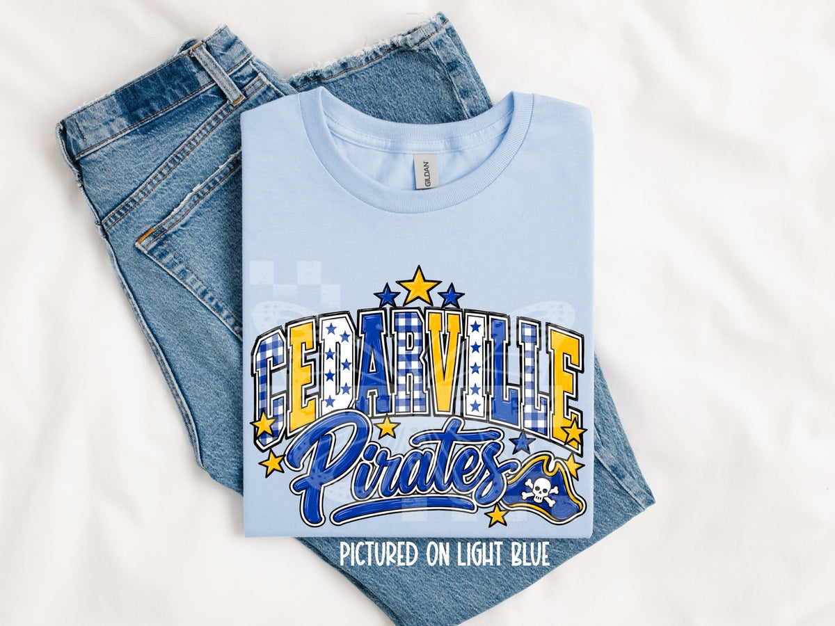 Cedarville Pirates mascot spirit design shown on tee