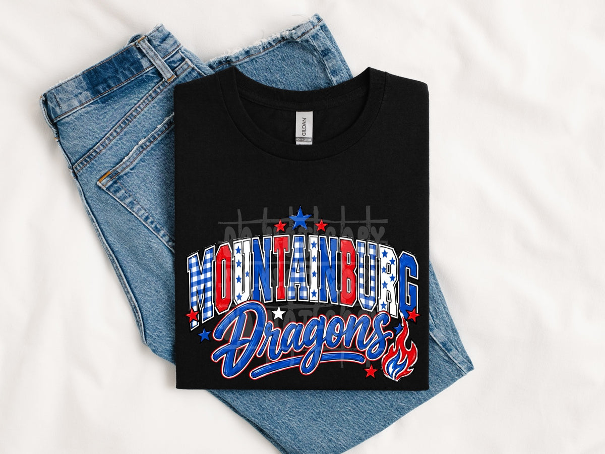 Mountainburg Dragons mascot spirit design shown on tee