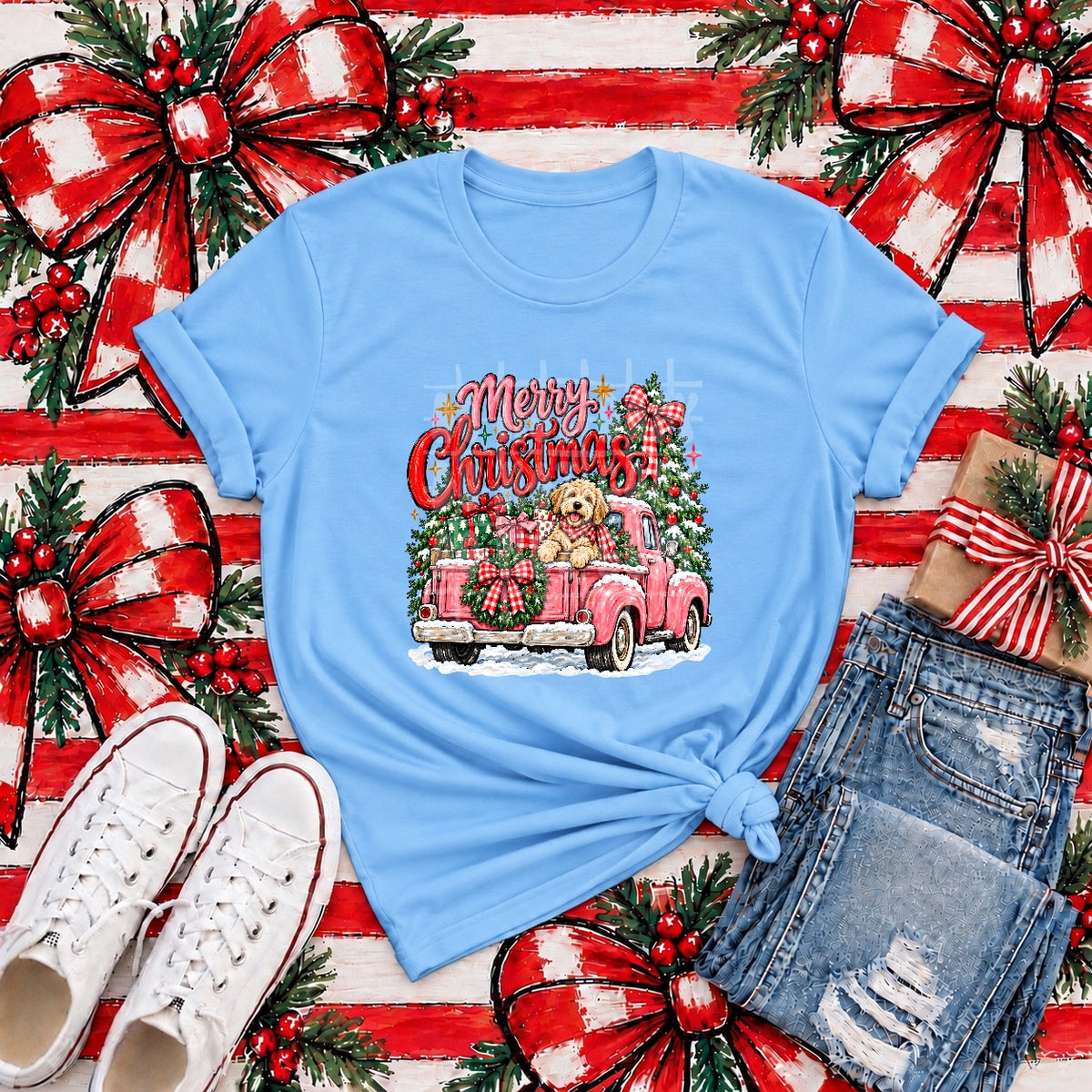 Merry Christmas Pink Truck & Puppy Tee mockup