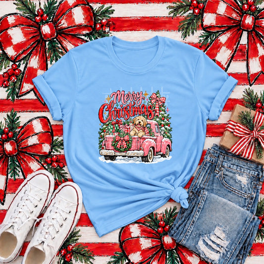 Merry Christmas Pink Truck & Puppy Tee mockup