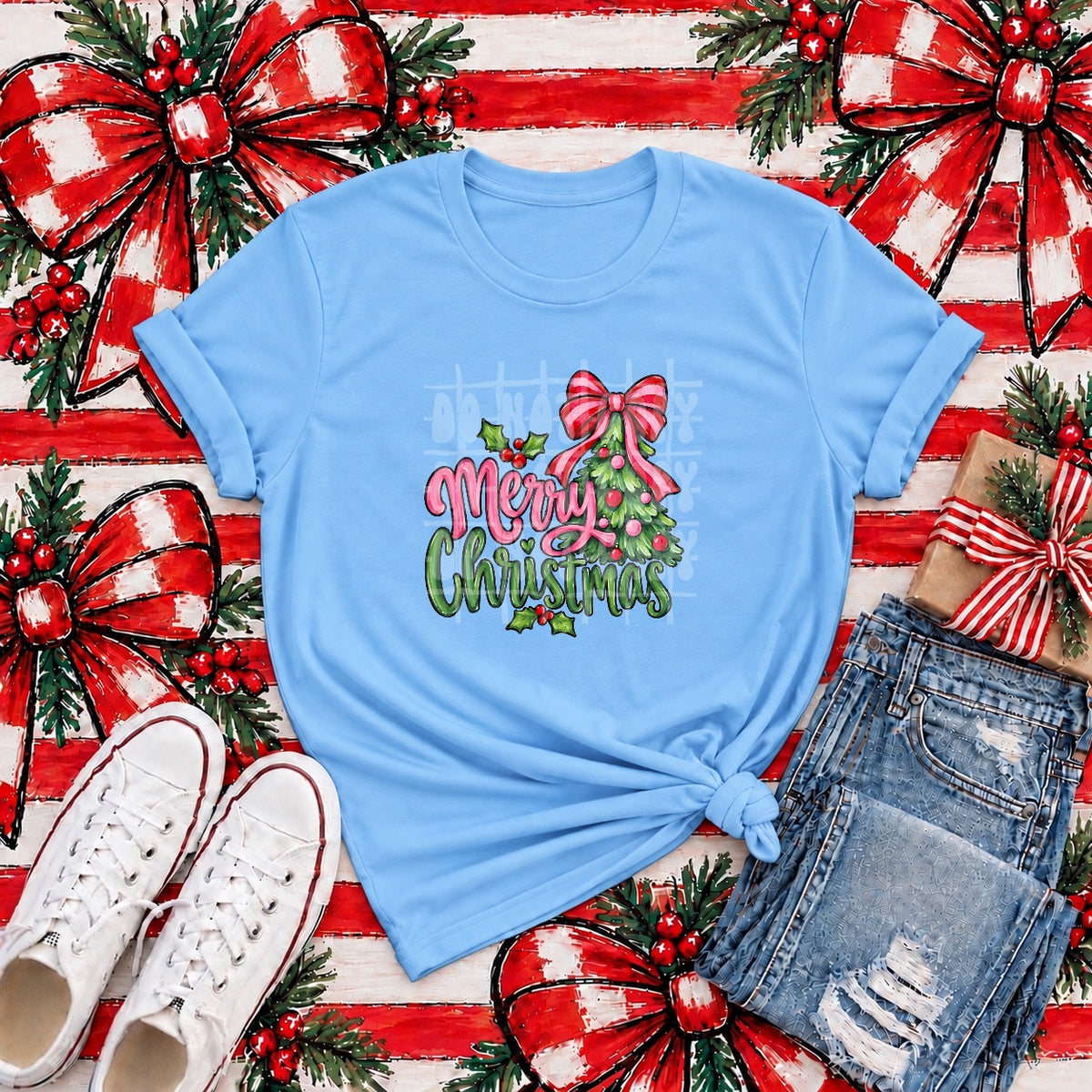 Merry Christmas Pink Bow Tree Graphic Tee product mockup