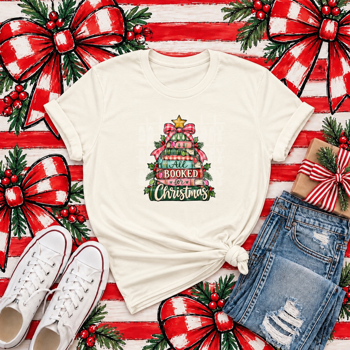 All Booked for Christmas Graphic Tee product mockup