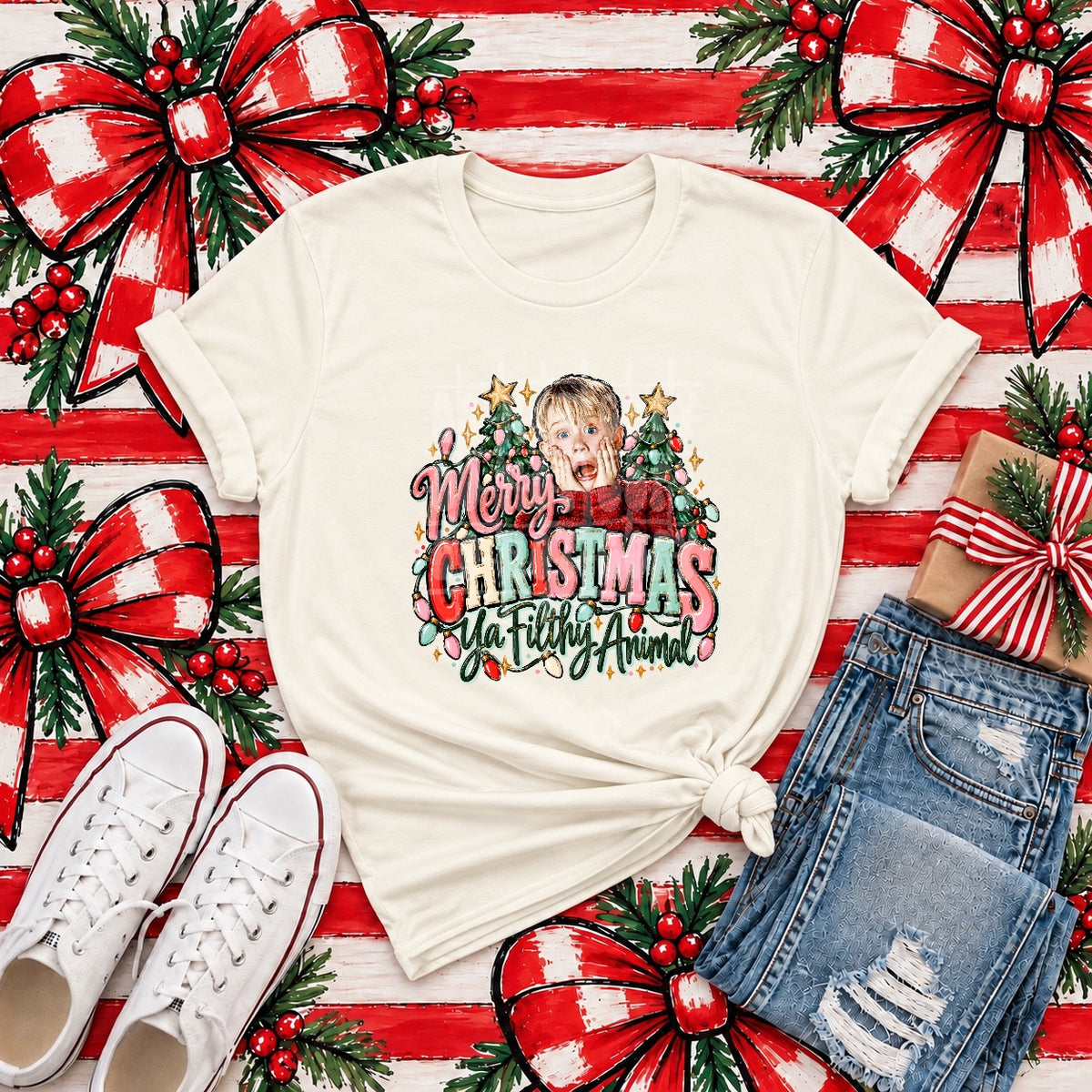 Merry Christmas Ya Filthy Animal Tee mockup