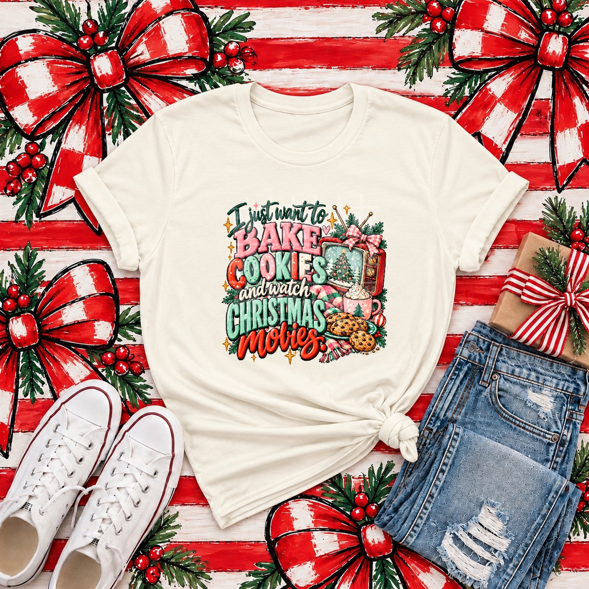 I Just Want to Bake Cookies and Watch Christmas Movies Tee mockup