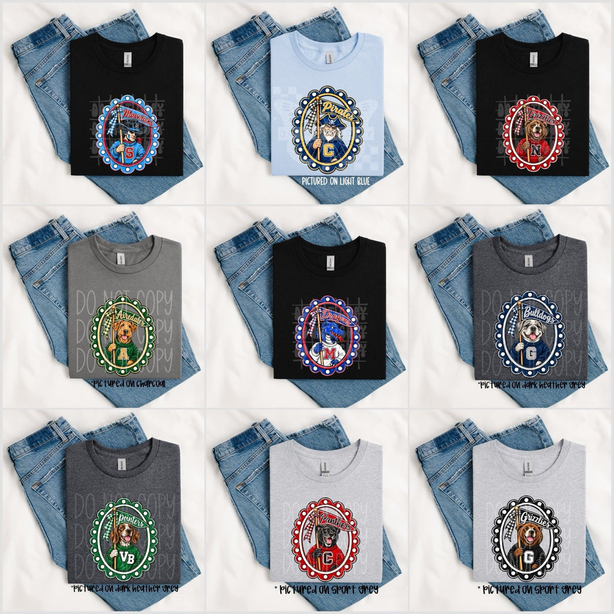 Nine school mascot sweater and pennant tee mockups